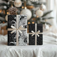 Hawaiian And Japanese Culture Wrapping Paper Irezumi Dragon With Polynesian Pattern Black