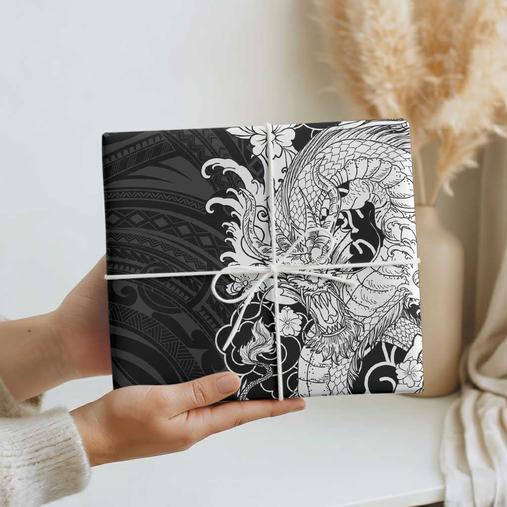 Hawaiian And Japanese Culture Wrapping Paper Irezumi Dragon With Polynesian Pattern Black