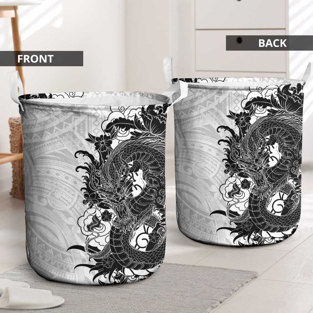Hawaiian And Japanese Culture Laundry Basket Irezumi Dragon With Polynesian Pattern White - Polynesian Pride