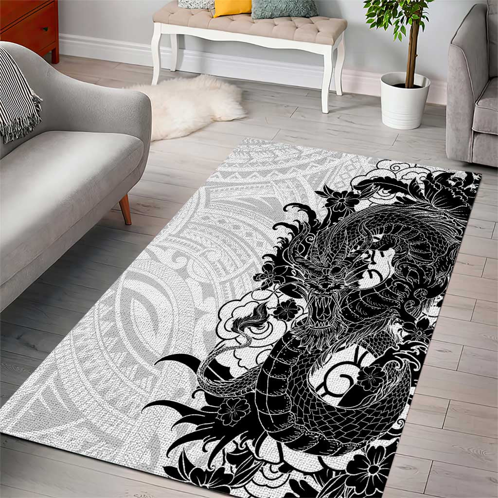 Hawaiian And Japanese Culture Area Rug Irezumi Dragon With Polynesian Pattern White - Polynesian Pride