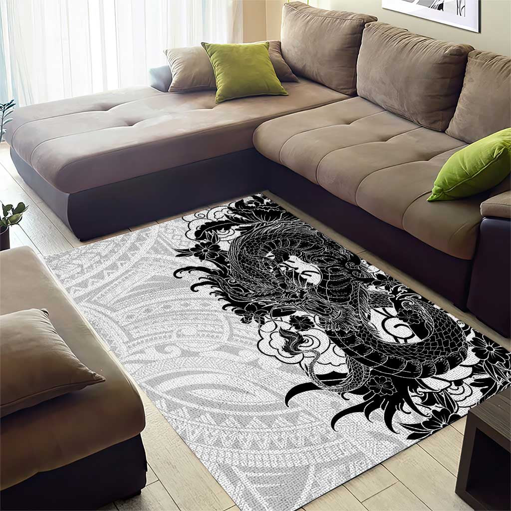 Hawaiian And Japanese Culture Area Rug Irezumi Dragon With Polynesian Pattern White - Polynesian Pride
