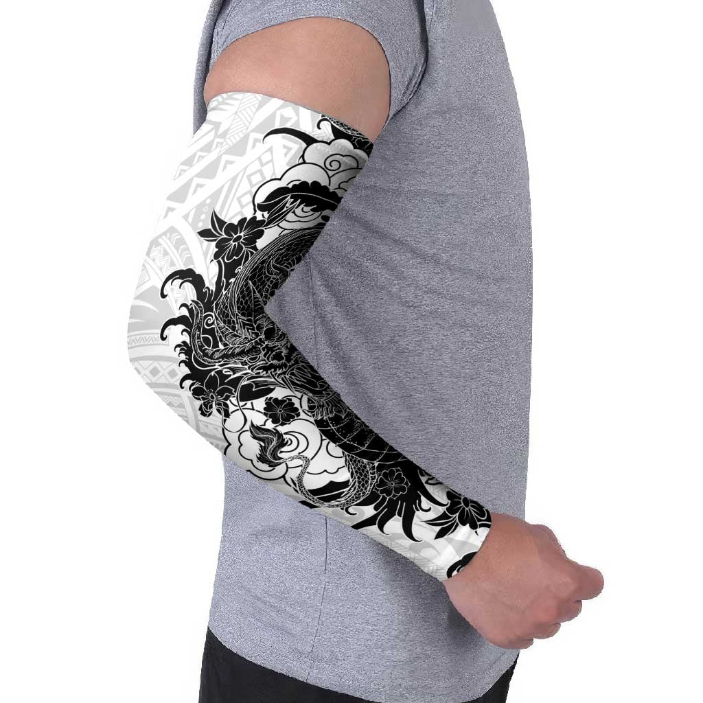 Hawaiian And Japanese Culture Arm Sleeves Irezumi Dragon With Polynesian Pattern White - Polynesian Pride