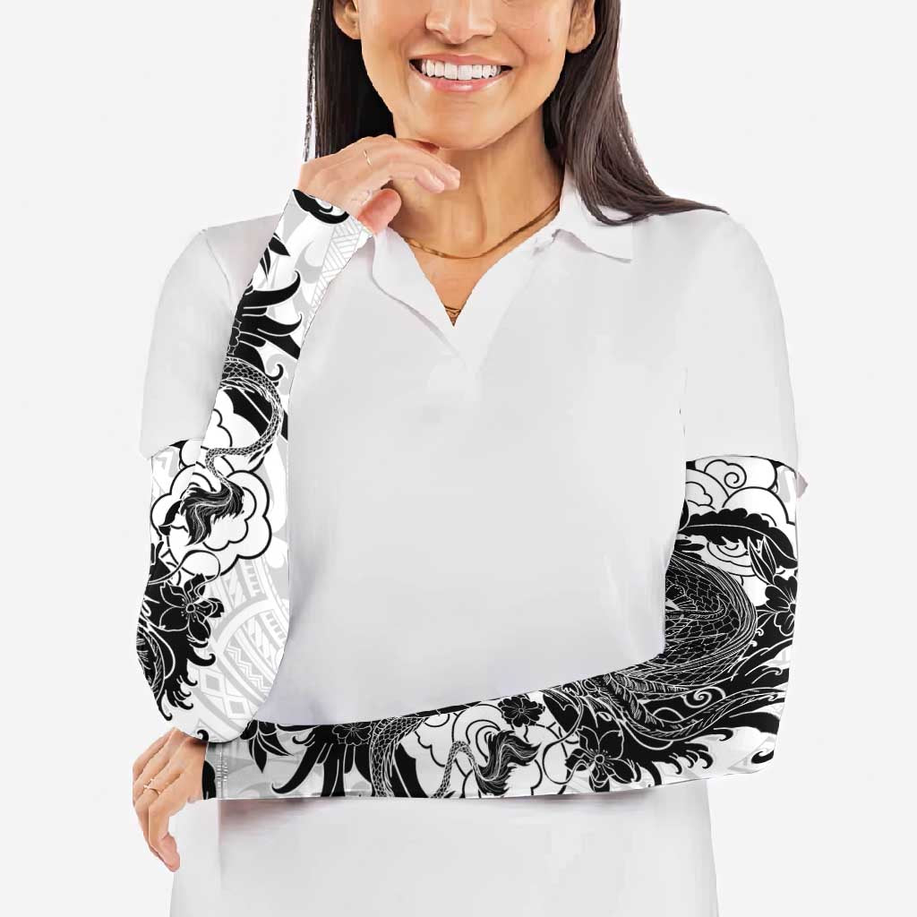 Hawaiian And Japanese Culture Arm Sleeves Irezumi Dragon With Polynesian Pattern White - Polynesian Pride