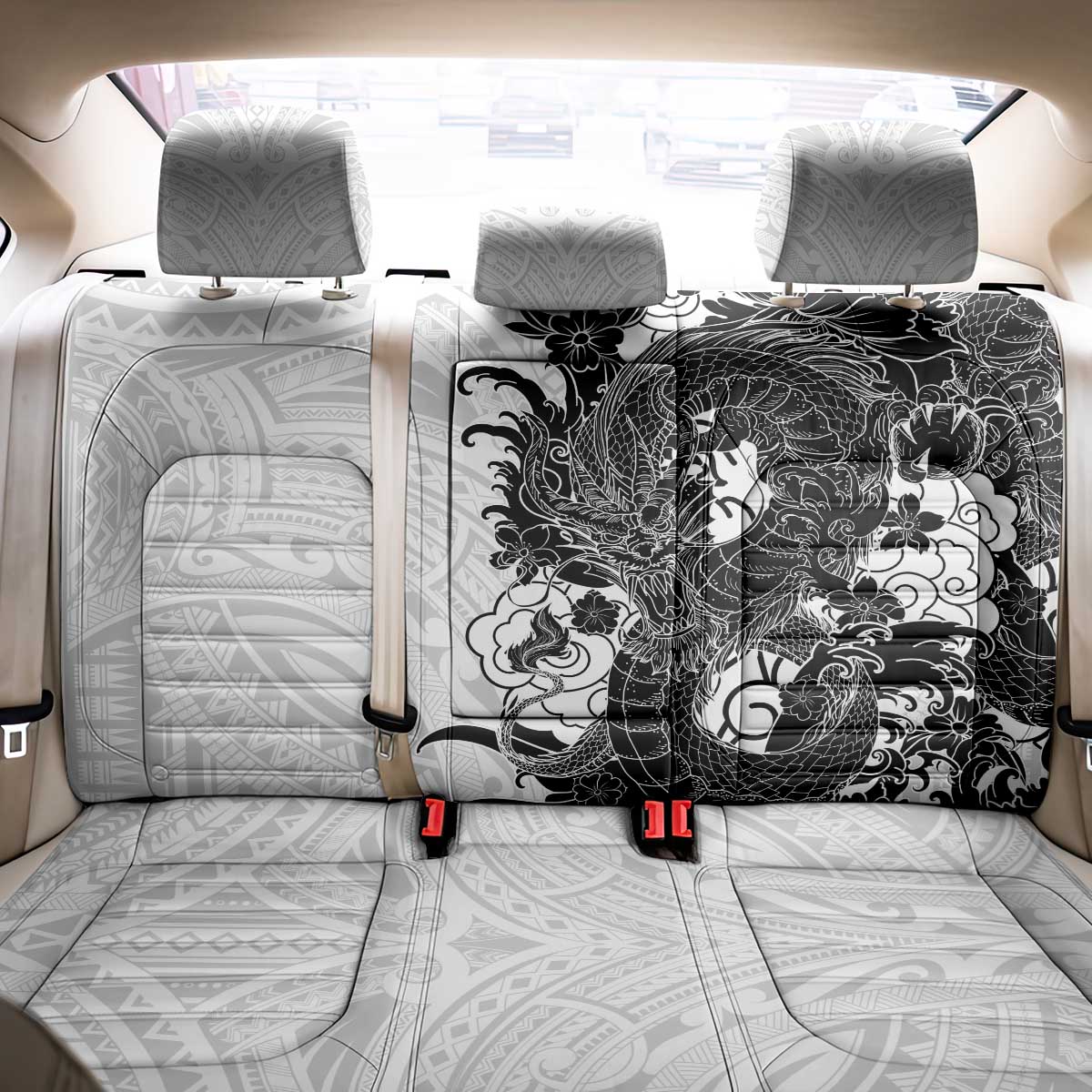Hawaiian And Japanese Culture Back Car Seat Cover Irezumi Dragon With Polynesian Pattern White - Polynesian Pride