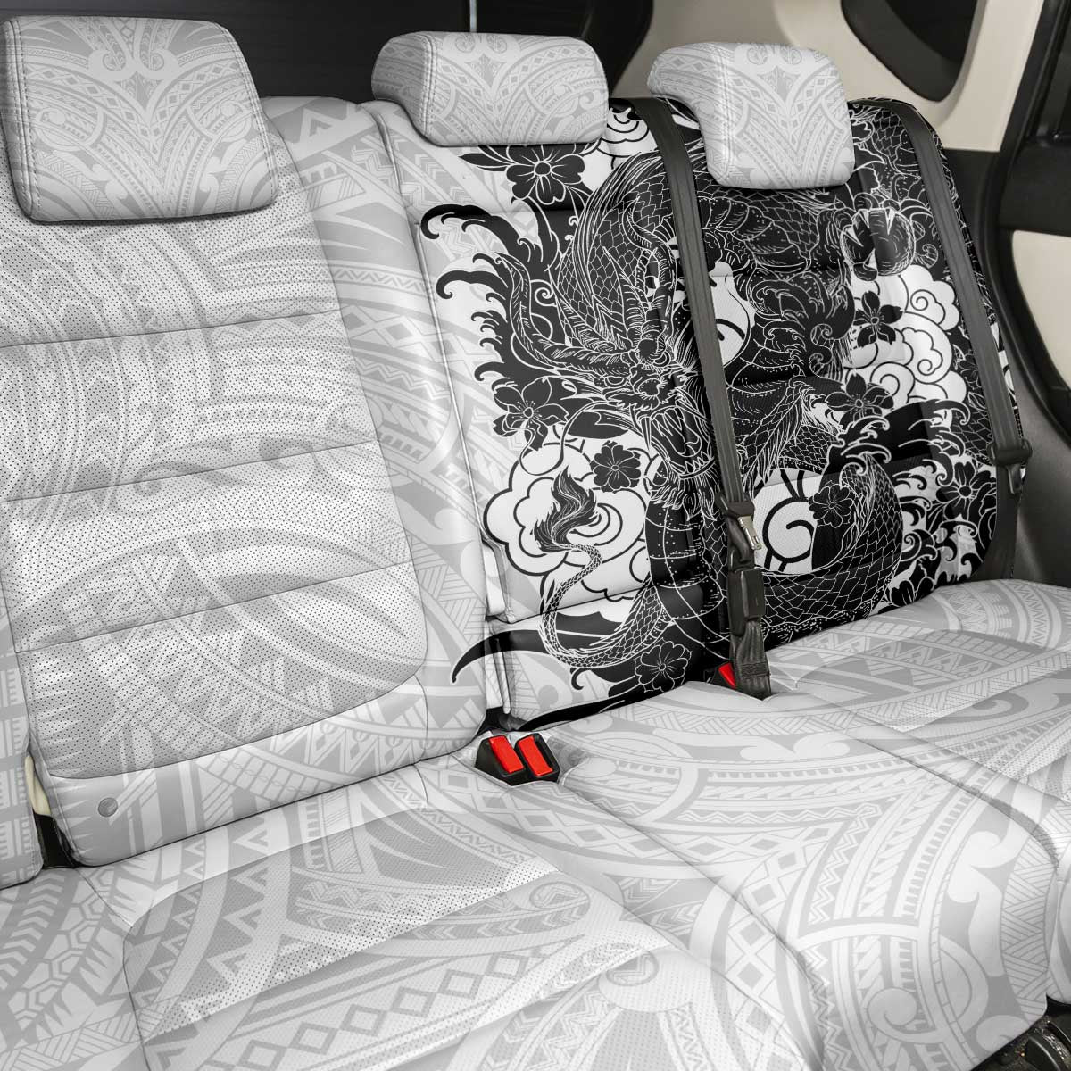 Hawaiian And Japanese Culture Back Car Seat Cover Irezumi Dragon With Polynesian Pattern White - Polynesian Pride