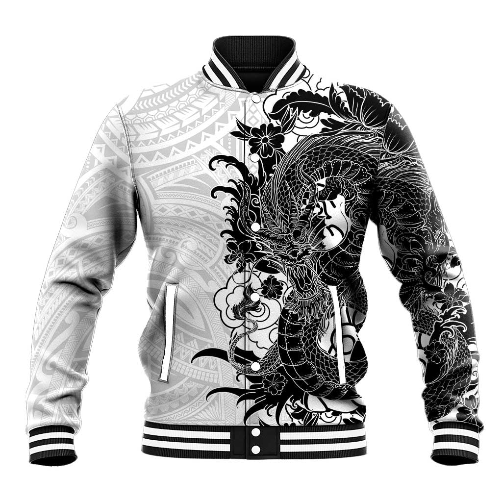 Hawaiian And Japanese Culture Baseball Jacket Irezumi Dragon With Polynesian Pattern White LT05 Unisex White - Polynesian Pride
