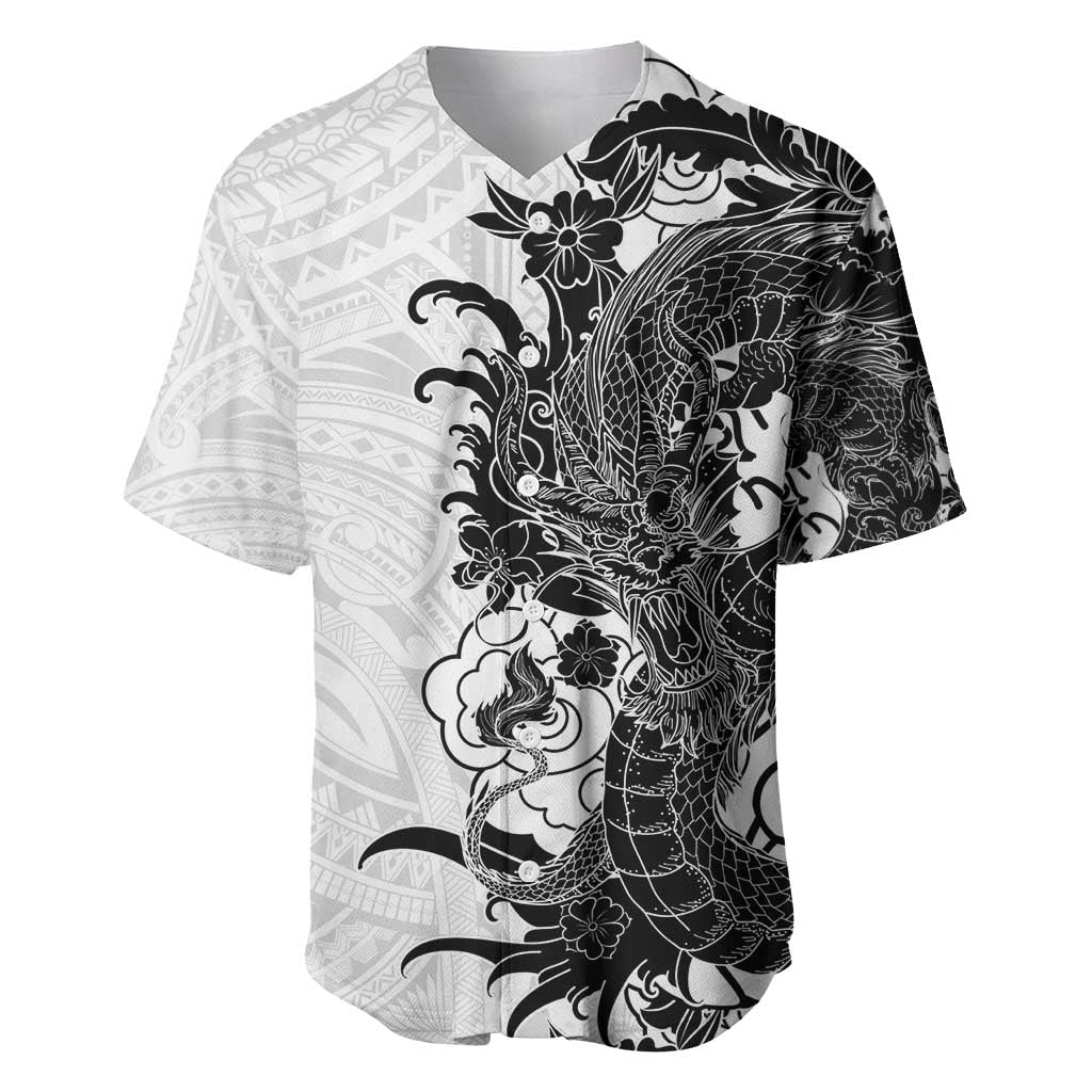 Hawaiian And Japanese Culture Baseball Jersey Irezumi Dragon With Polynesian Pattern White - Polynesian Pride