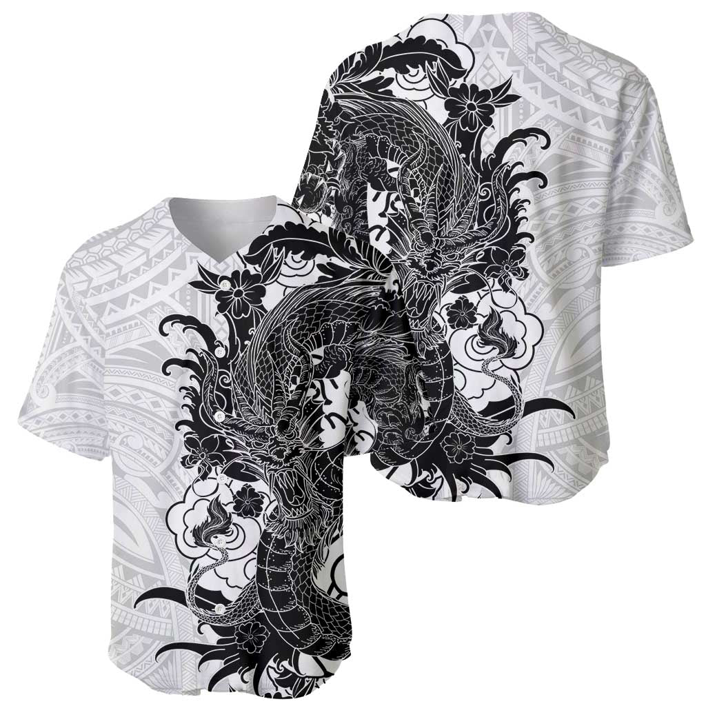 Hawaiian And Japanese Culture Baseball Jersey Irezumi Dragon With Polynesian Pattern White - Polynesian Pride