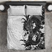 Hawaiian And Japanese Culture Bedding Set Irezumi Dragon With Polynesian Pattern White - Polynesian Pride