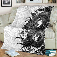 Hawaiian And Japanese Culture Blanket Irezumi Dragon With Polynesian Pattern White - Polynesian Pride