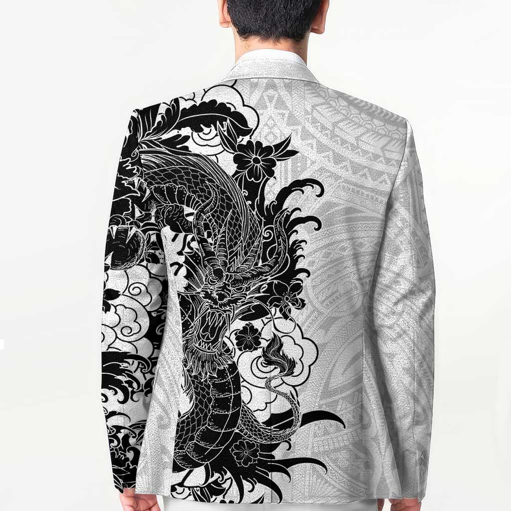 Hawaiian And Japanese Culture Blazer Irezumi Dragon With Polynesian Pattern White - Polynesian Pride