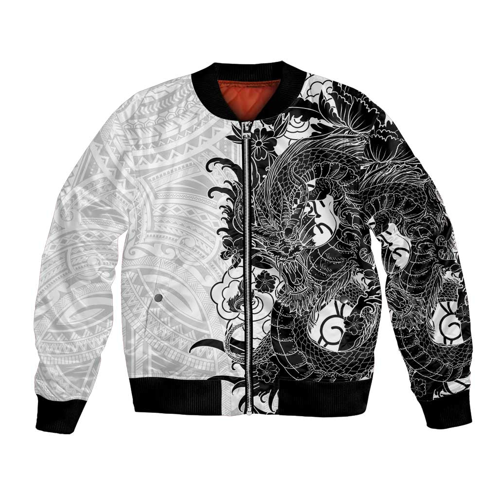 Hawaiian And Japanese Culture Bomber Jacket Irezumi Dragon With Polynesian Pattern White LT05 Unisex White - Polynesian Pride