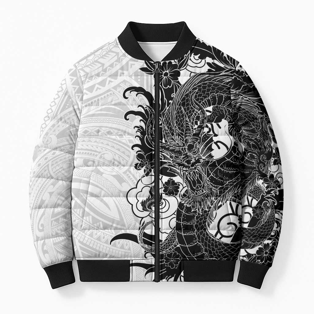 Hawaiian And Japanese Culture Bomber Puffer Jacket Irezumi Dragon With Polynesian Pattern White - Polynesian Pride