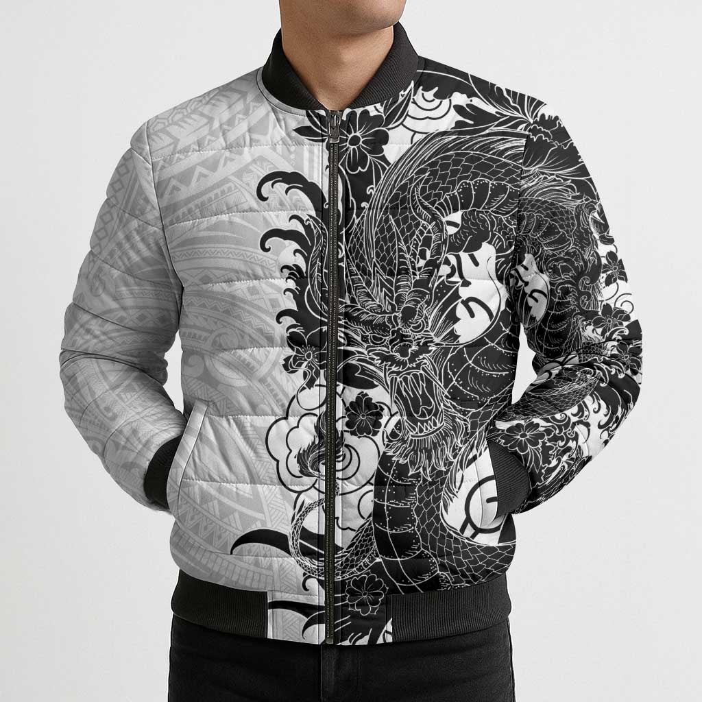 Hawaiian And Japanese Culture Bomber Puffer Jacket Irezumi Dragon With Polynesian Pattern White - Polynesian Pride