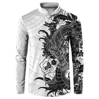 Hawaiian And Japanese Culture Button Sweatshirt Irezumi Dragon With Polynesian Pattern White - Polynesian Pride