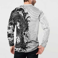 Hawaiian And Japanese Culture Button Sweatshirt Irezumi Dragon With Polynesian Pattern White - Polynesian Pride