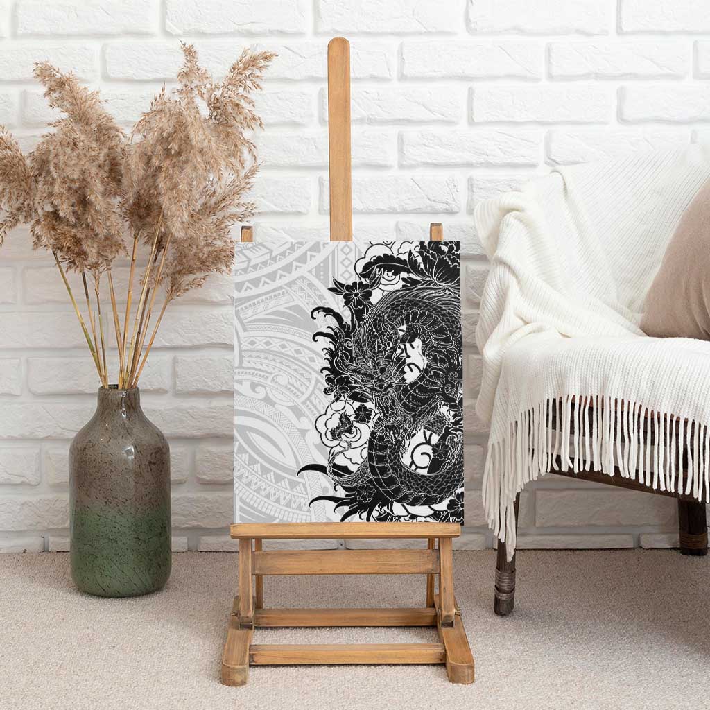 Hawaiian And Japanese Culture Canvas Wall Art Irezumi Dragon With Polynesian Pattern White - Polynesian Pride