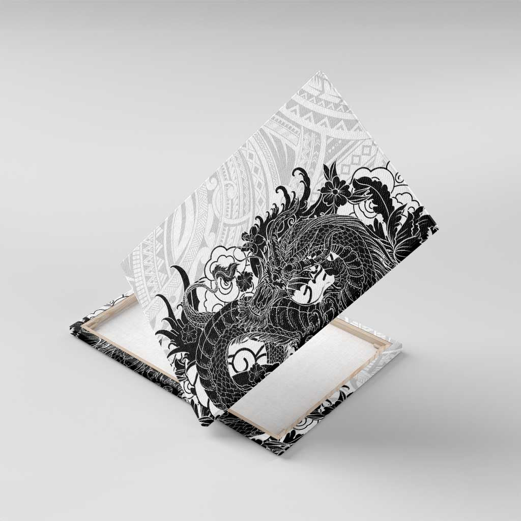 Hawaiian And Japanese Culture Canvas Wall Art Irezumi Dragon With Polynesian Pattern White - Polynesian Pride