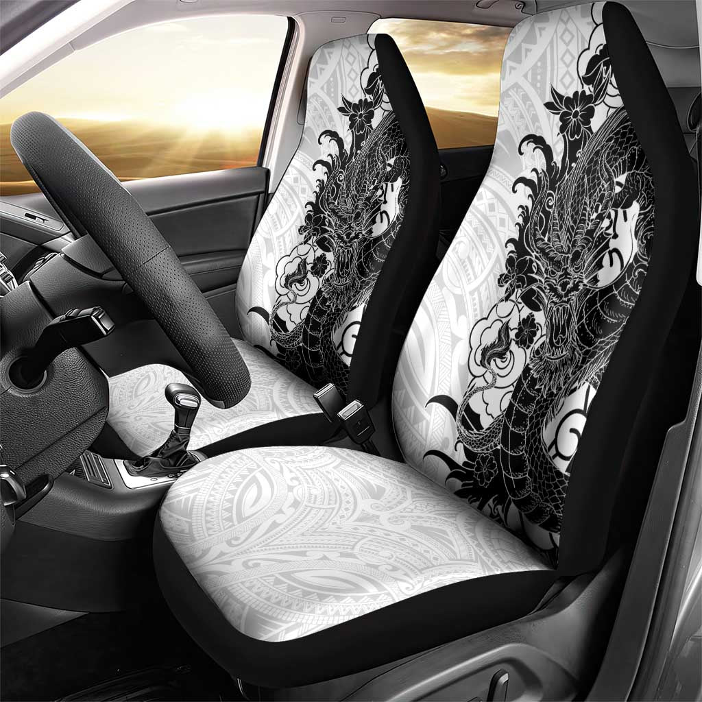 Hawaiian And Japanese Culture Car Seat Cover Irezumi Dragon With Polynesian Pattern White - Polynesian Pride