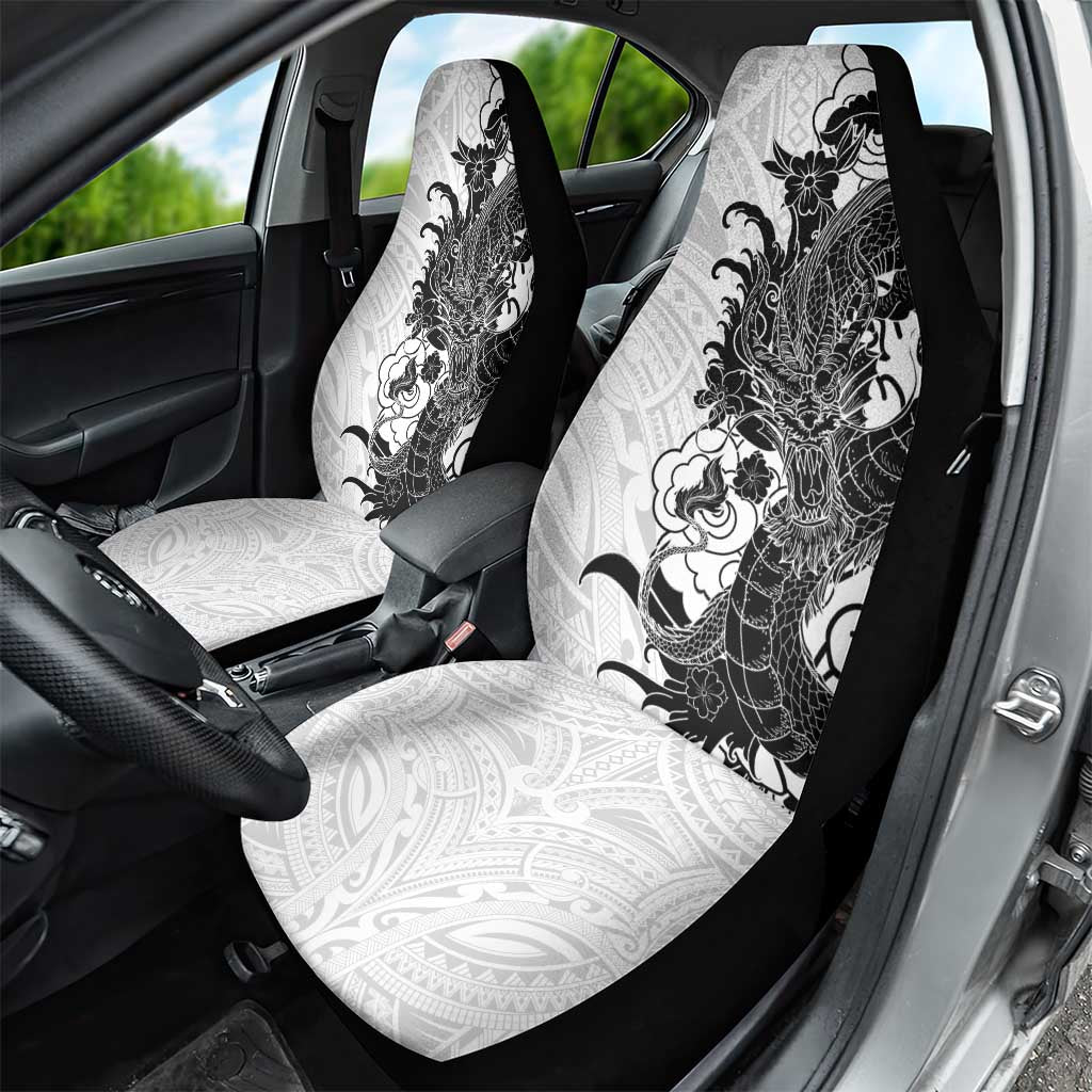 Hawaiian And Japanese Culture Car Seat Cover Irezumi Dragon With Polynesian Pattern White - Polynesian Pride