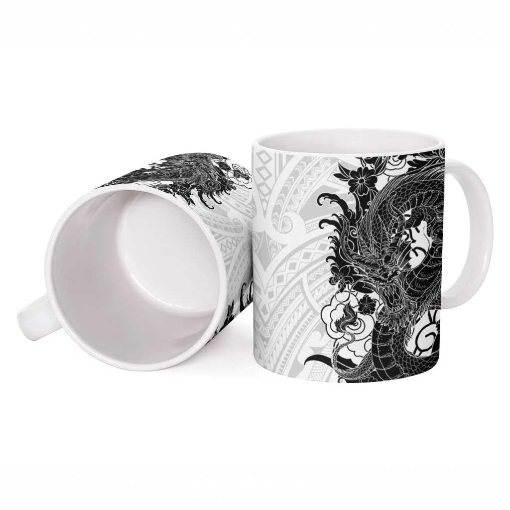 Hawaiian And Japanese Culture Ceramic Mug Irezumi Dragon With Polynesian Pattern White - Polynesian Pride