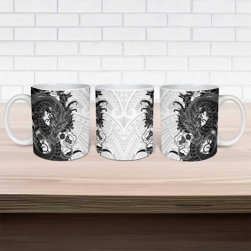 Hawaiian And Japanese Culture Ceramic Mug Irezumi Dragon With Polynesian Pattern White - Polynesian Pride