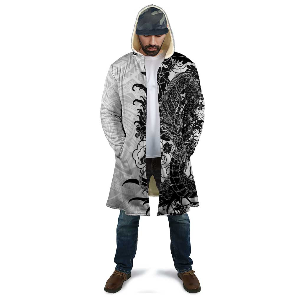 Hawaiian And Japanese Culture Cloak Irezumi Dragon With Polynesian Pattern White - Polynesian Pride