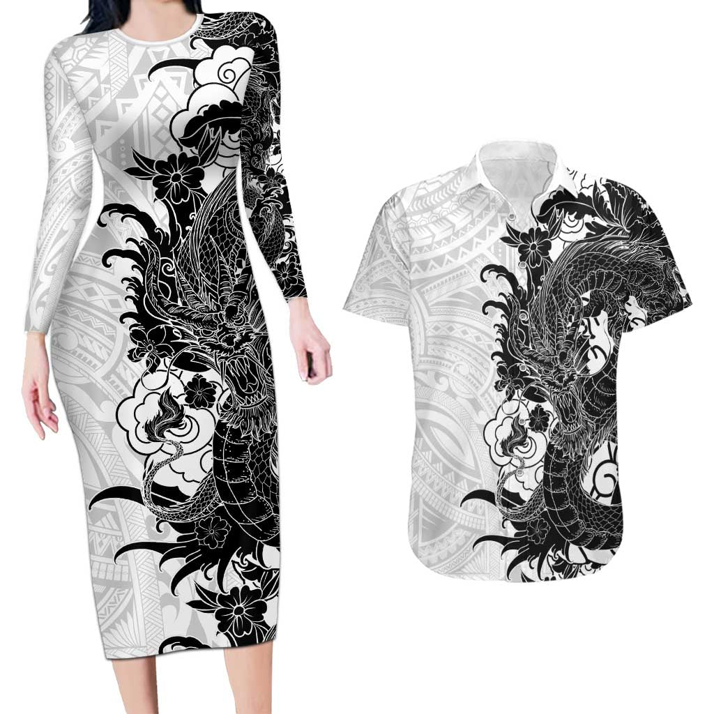 Hawaiian And Japanese Culture Couples Matching Long Sleeve Bodycon Dress and Hawaiian Shirt Irezumi Dragon With Polynesian Pattern White - Polynesian Pride