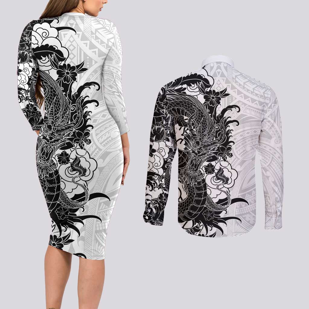 Hawaiian And Japanese Culture Couples Matching Long Sleeve Bodycon Dress and Long Sleeve Button Shirt Irezumi Dragon With Polynesian Pattern White - Polynesian Pride
