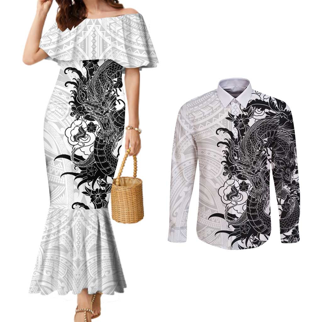 Hawaiian And Japanese Culture Couples Matching Mermaid Dress and Long Sleeve Button Shirt Irezumi Dragon With Polynesian Pattern White LT05 White - Polynesian Pride