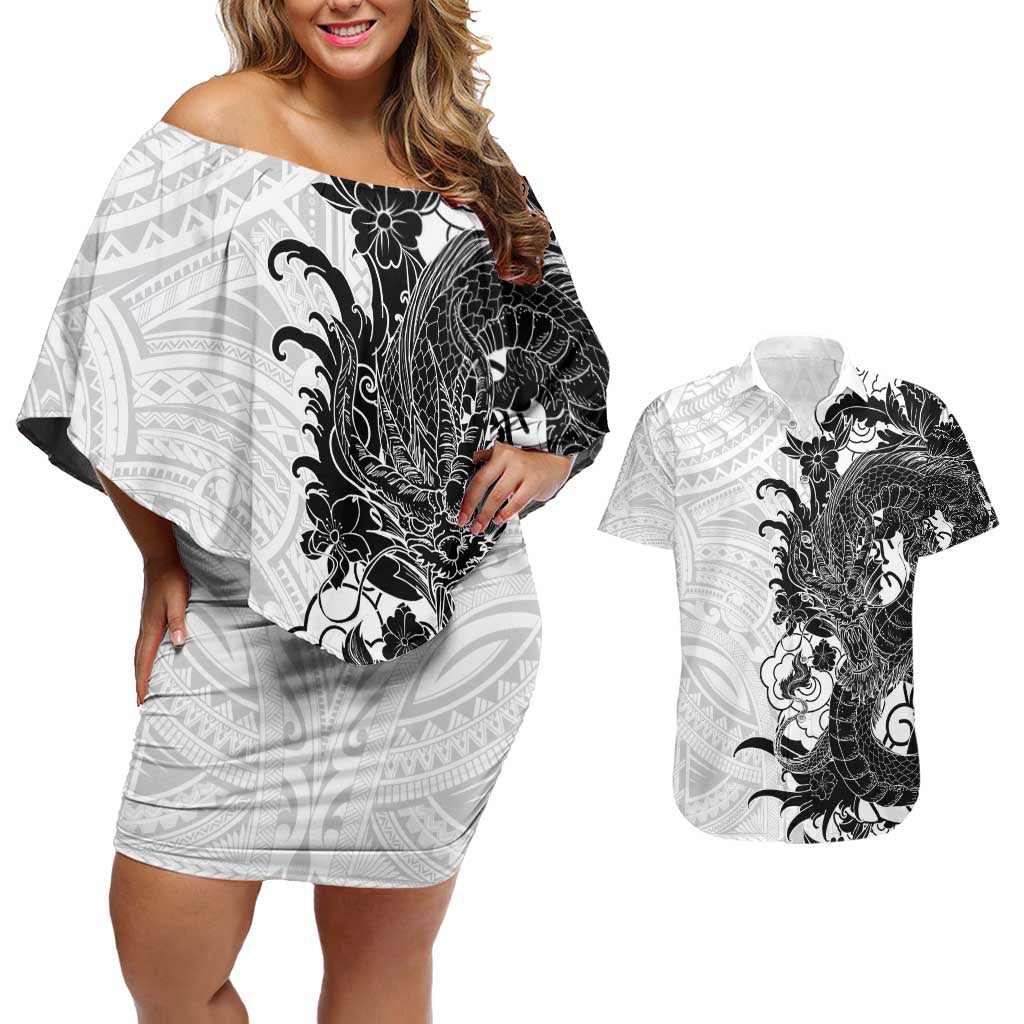 Hawaiian And Japanese Culture Couples Matching Off Shoulder Short Dress and Hawaiian Shirt Irezumi Dragon With Polynesian Pattern White - Polynesian Pride