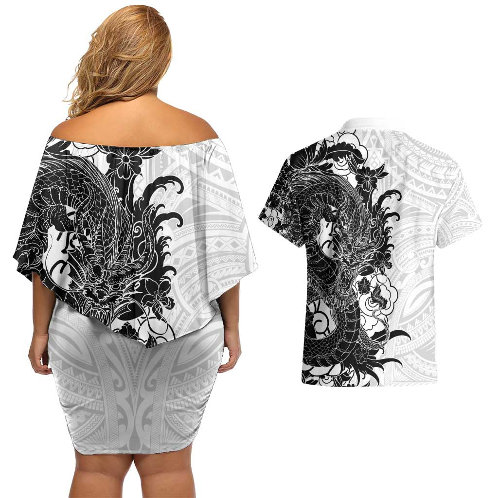 Hawaiian And Japanese Culture Couples Matching Off Shoulder Short Dress and Hawaiian Shirt Irezumi Dragon With Polynesian Pattern White - Polynesian Pride