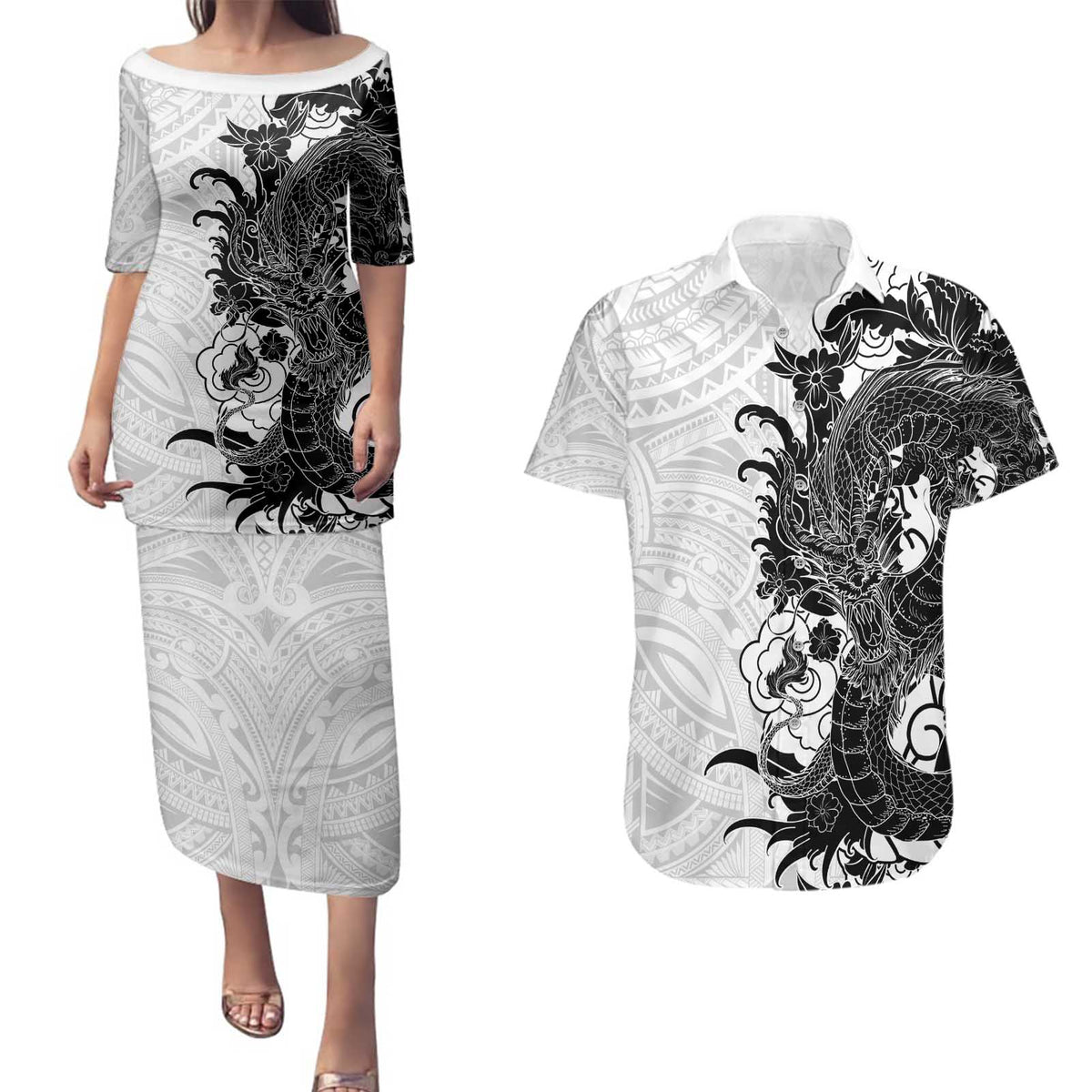 Hawaiian And Japanese Culture Couples Matching Puletasi and Hawaiian Shirt Irezumi Dragon With Polynesian Pattern White - Polynesian Pride