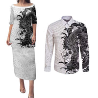 Hawaiian And Japanese Culture Couples Matching Puletasi and Long Sleeve Button Shirt Irezumi Dragon With Polynesian Pattern White - Polynesian Pride
