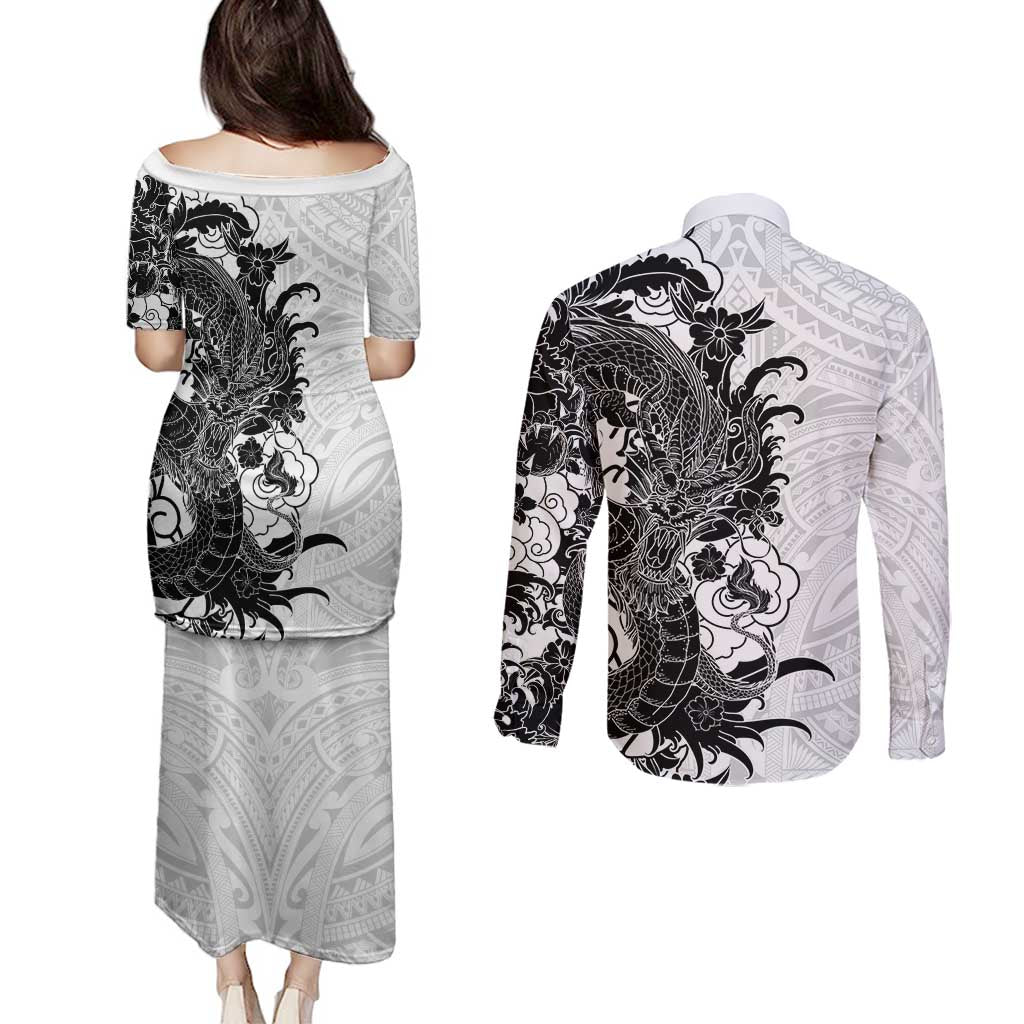 Hawaiian And Japanese Culture Couples Matching Puletasi and Long Sleeve Button Shirt Irezumi Dragon With Polynesian Pattern White - Polynesian Pride