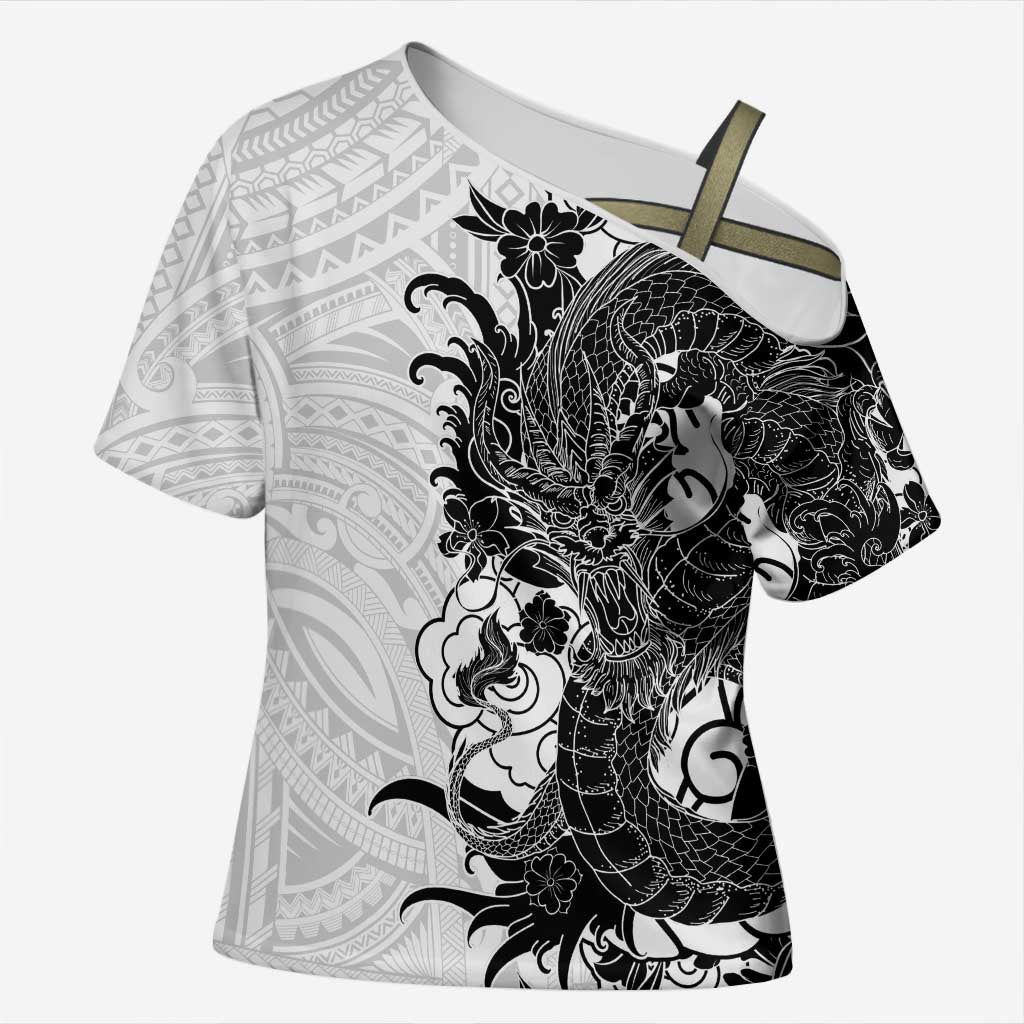 Hawaiian And Japanese Culture Cross Shoulder Shirt Irezumi Dragon With Polynesian Pattern White LT05 Female White - Polynesian Pride