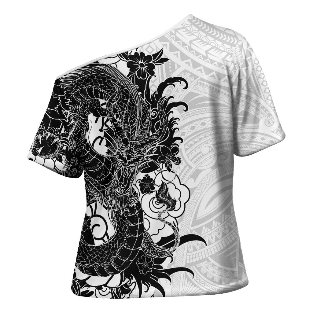 Hawaiian And Japanese Culture Cross Shoulder Shirt Irezumi Dragon With Polynesian Pattern White - Polynesian Pride