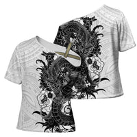 Hawaiian And Japanese Culture Cross Shoulder Shirt Irezumi Dragon With Polynesian Pattern White - Polynesian Pride