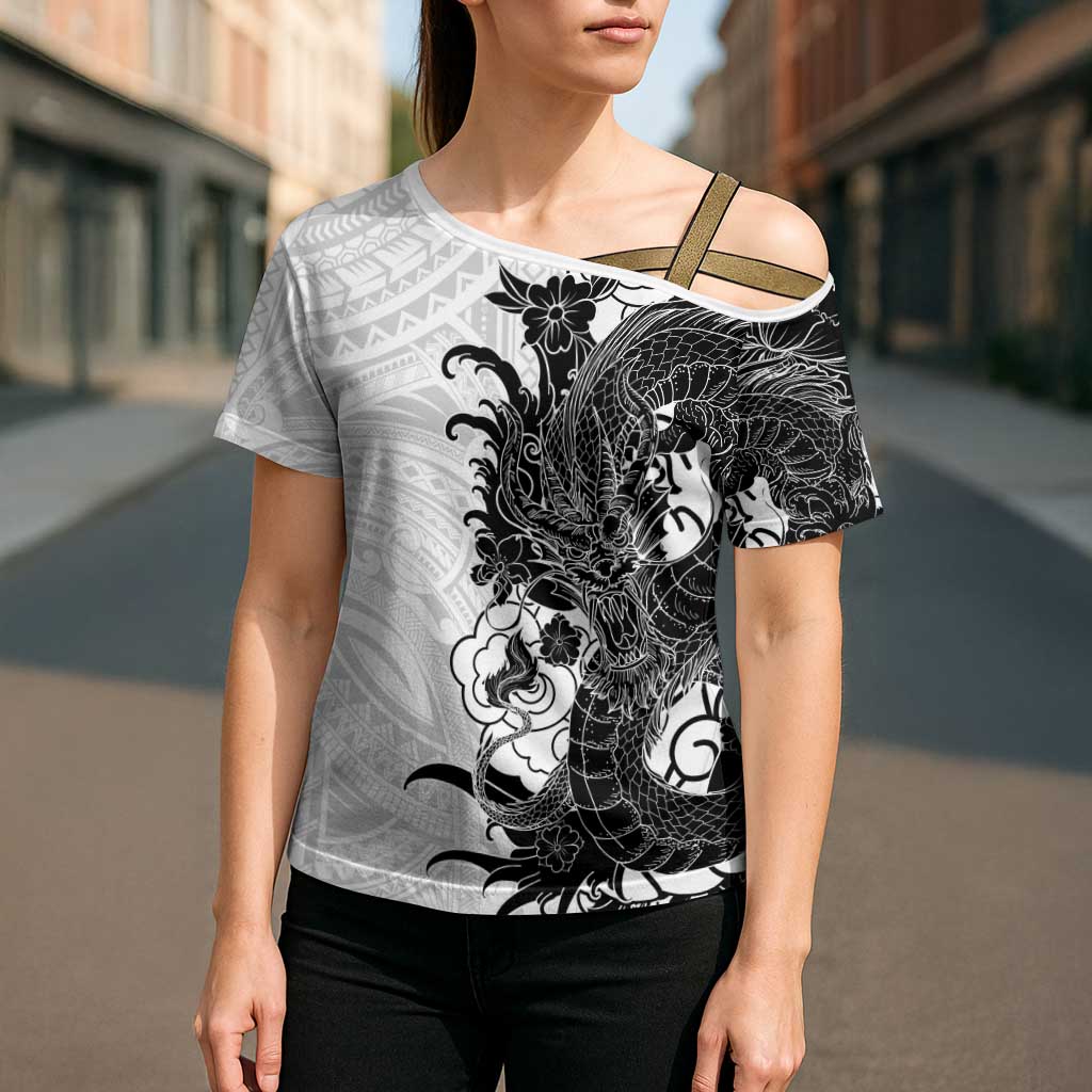 Hawaiian And Japanese Culture Cross Shoulder Shirt Irezumi Dragon With Polynesian Pattern White - Polynesian Pride