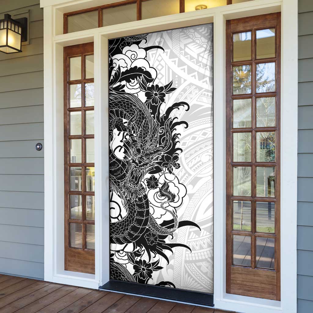 Hawaiian And Japanese Culture Door Cover Irezumi Dragon With Polynesian Pattern White - Polynesian Pride