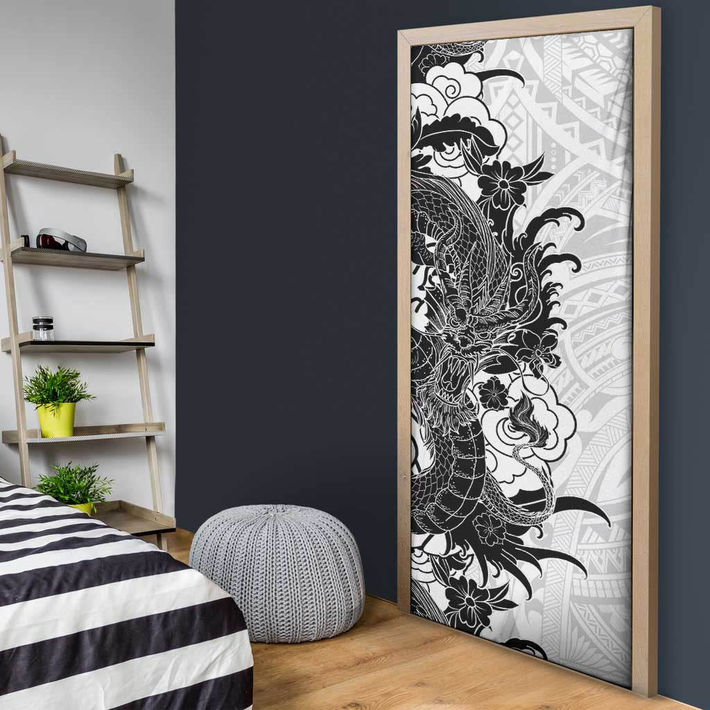 Hawaiian And Japanese Culture Door Cover Irezumi Dragon With Polynesian Pattern White - Polynesian Pride