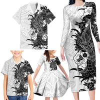 Hawaiian And Japanese Culture Family Matching Long Sleeve Bodycon Dress and Hawaiian Shirt Irezumi Dragon With Polynesian Pattern White - Polynesian Pride