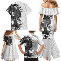 Hawaiian And Japanese Culture Family Matching Mermaid Dress and Hawaiian Shirt Irezumi Dragon With Polynesian Pattern White - Polynesian Pride