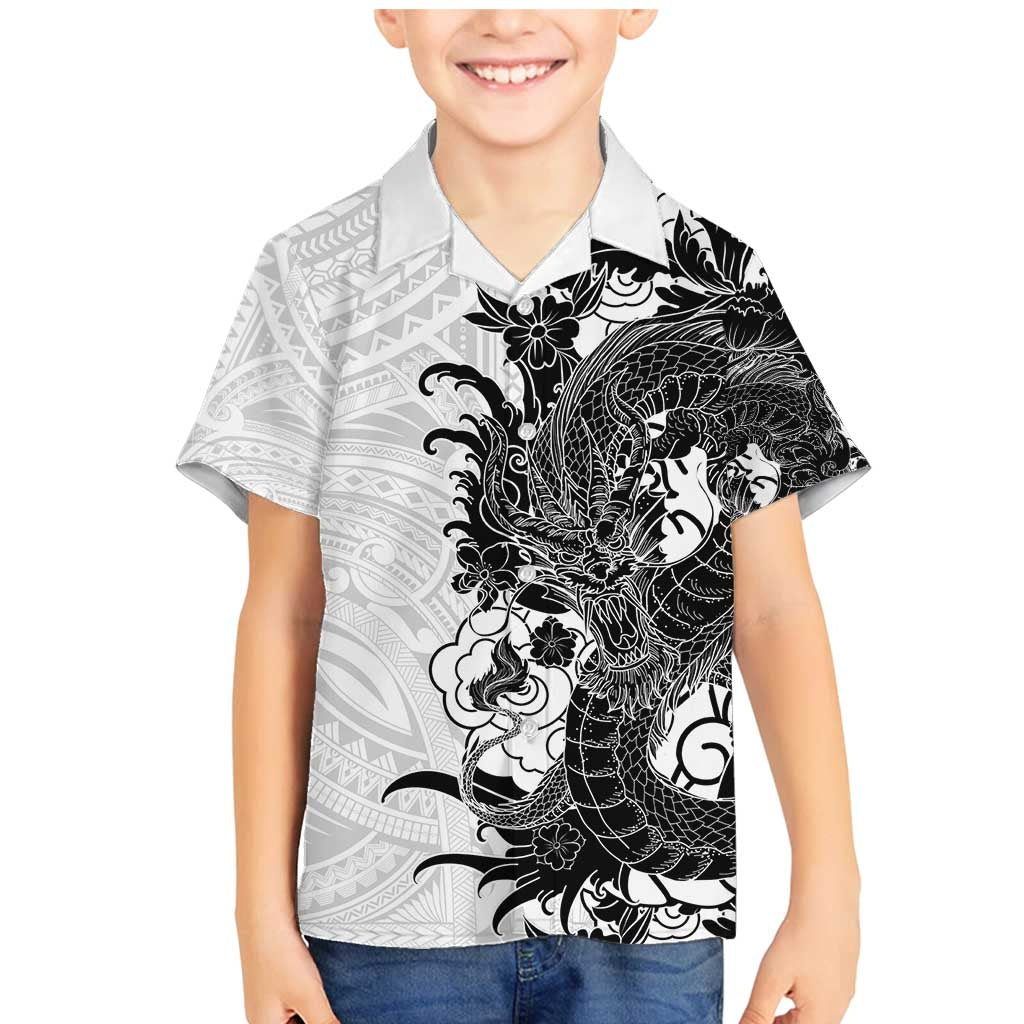 Hawaiian And Japanese Culture Family Matching Mermaid Dress and Hawaiian Shirt Irezumi Dragon With Polynesian Pattern White - Polynesian Pride