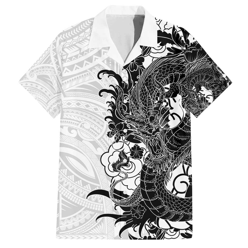 Hawaiian And Japanese Culture Family Matching Off Shoulder Short Dress and Hawaiian Shirt Irezumi Dragon With Polynesian Pattern White - Polynesian Pride