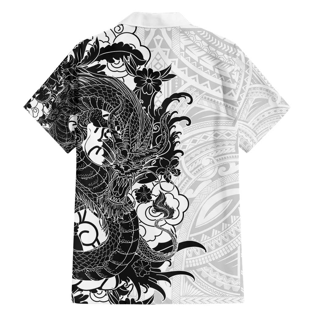 Hawaiian And Japanese Culture Family Matching Off Shoulder Short Dress and Hawaiian Shirt Irezumi Dragon With Polynesian Pattern White - Polynesian Pride