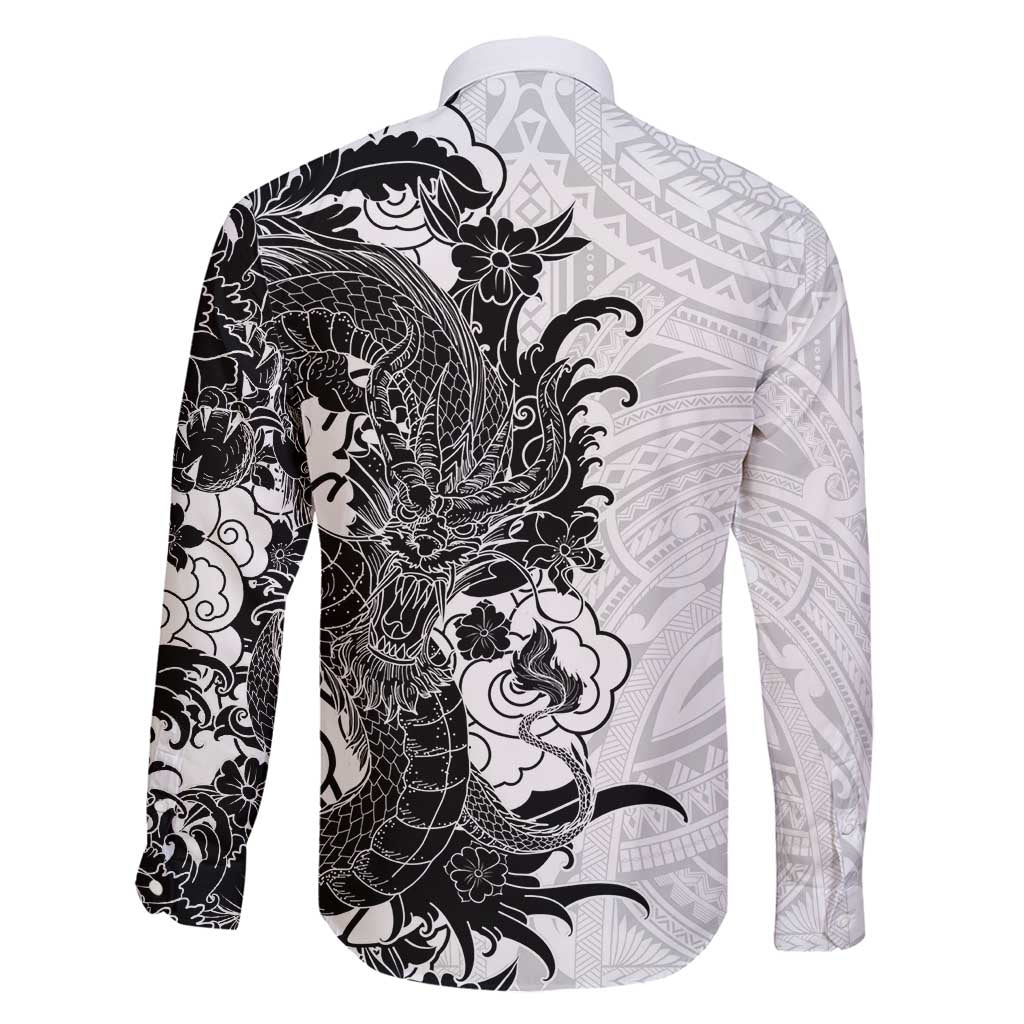 Hawaiian And Japanese Culture Family Matching Puletasi and Hawaiian Shirt Irezumi Dragon With Polynesian Pattern White - Polynesian Pride