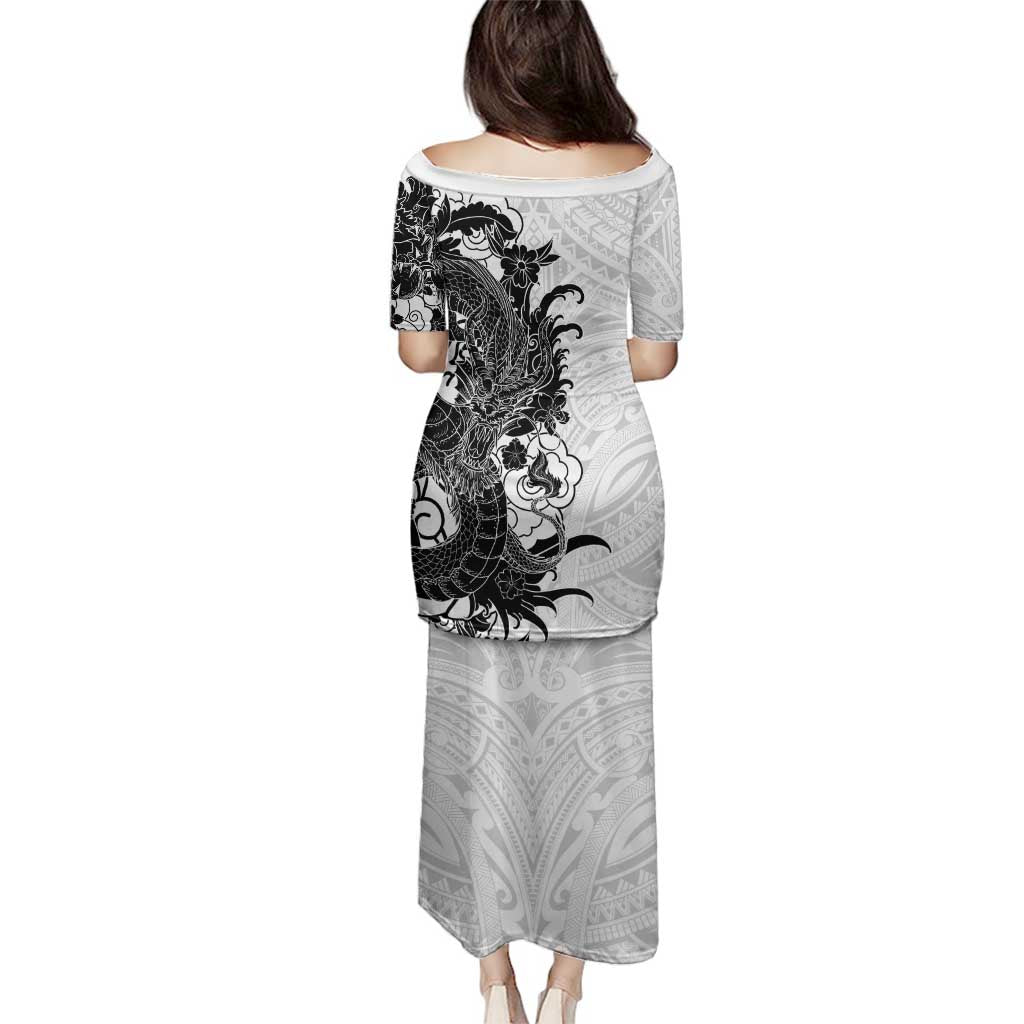 Hawaiian And Japanese Culture Family Matching Puletasi and Hawaiian Shirt Irezumi Dragon With Polynesian Pattern White - Polynesian Pride