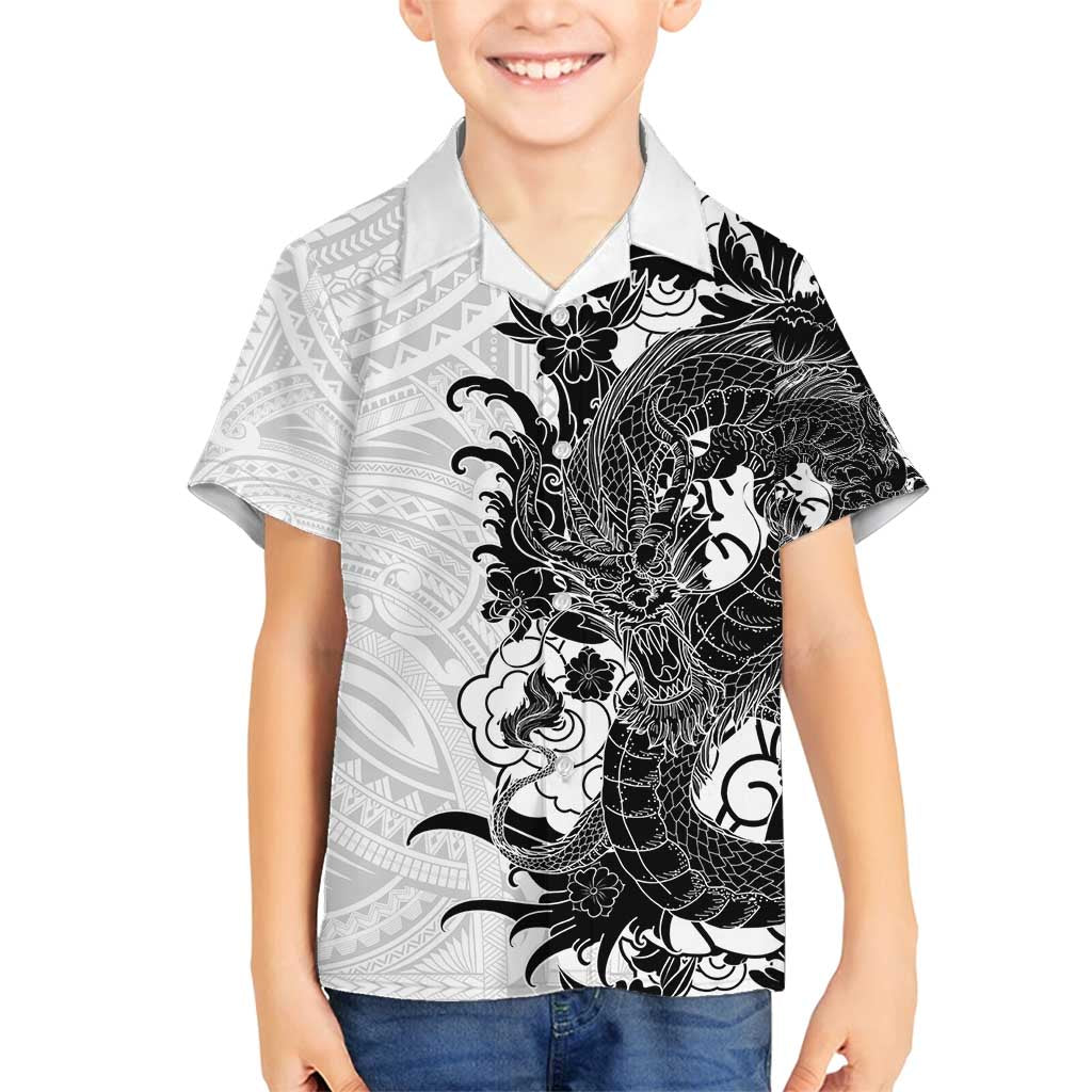 Hawaiian And Japanese Culture Family Matching Puletasi and Hawaiian Shirt Irezumi Dragon With Polynesian Pattern White - Polynesian Pride