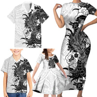 Hawaiian And Japanese Culture Family Matching Short Sleeve Bodycon Dress and Hawaiian Shirt Irezumi Dragon With Polynesian Pattern White - Polynesian Pride